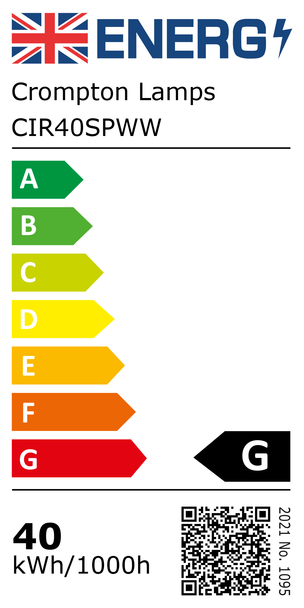 New 2021 Energy Rating Label: Stock Code CIR40SPWW