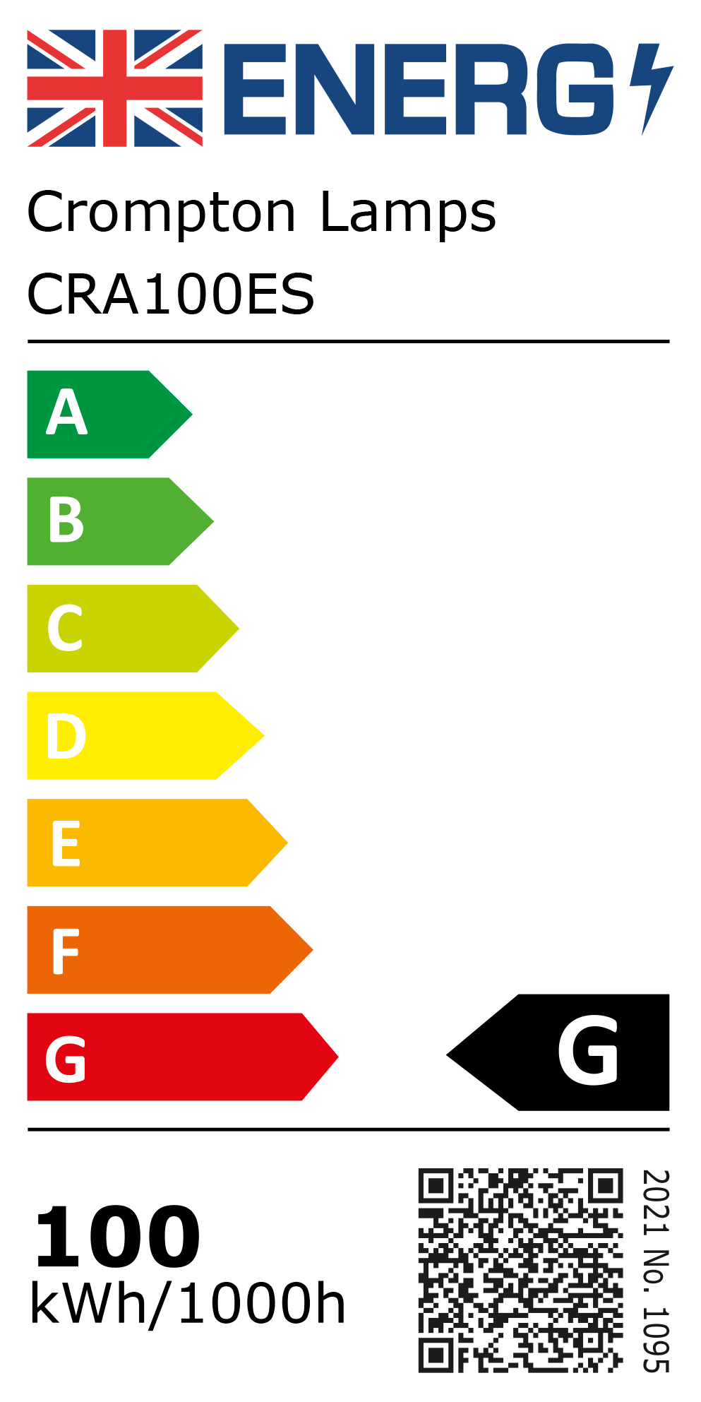 New 2021 Energy Rating Label: Stock Code CRA100ES